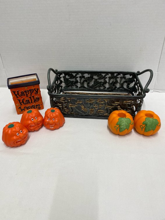 Metal & Rattan Basket with Halloween Candle, Candle Stick Holders & Vintage Pumpkin Squishy Faces