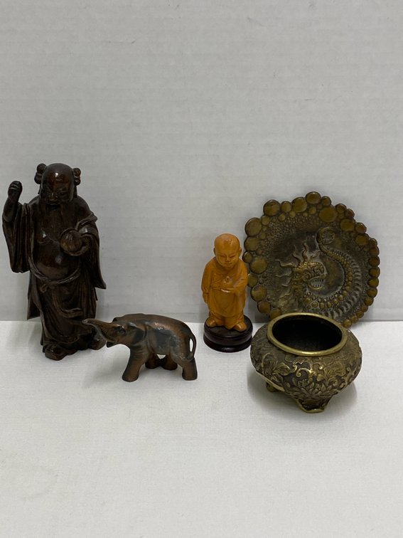 (5) Asian Art Pieces (Brass, Wood & Metal)