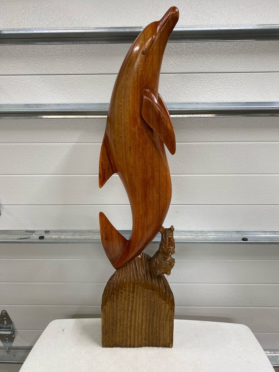 LARGE… Hand Carved “Solid Wood” Dolphin Sculpture