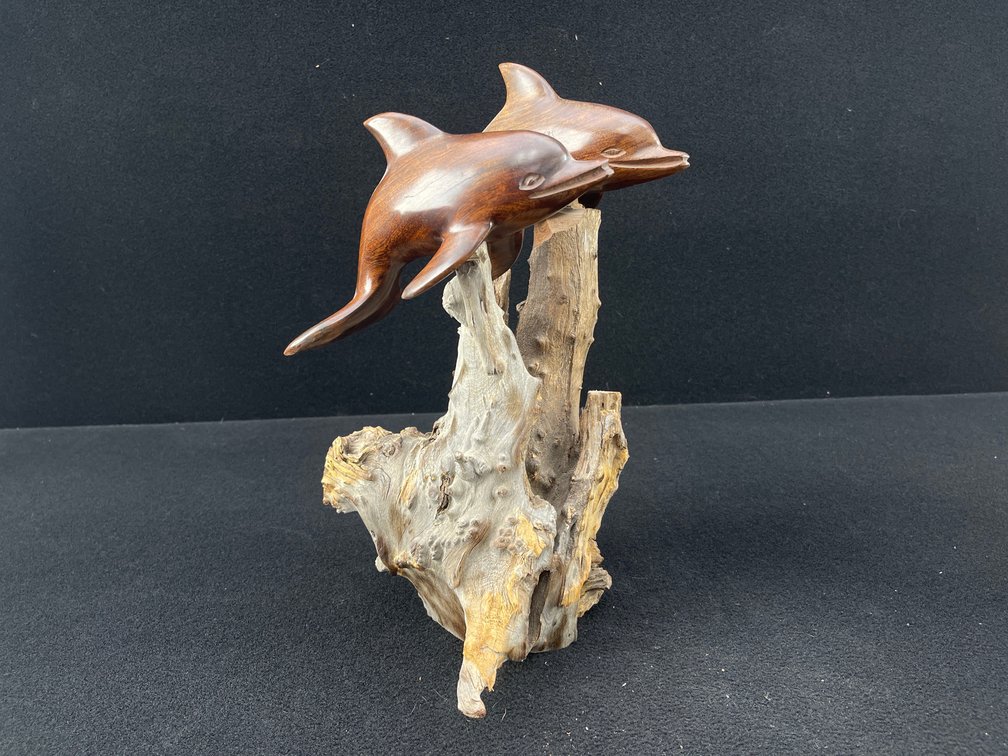 Wooden Two Dolphin Art Sculpture