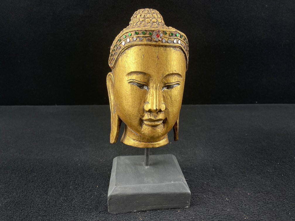 Gold Wood Serene Buddha Head Statue