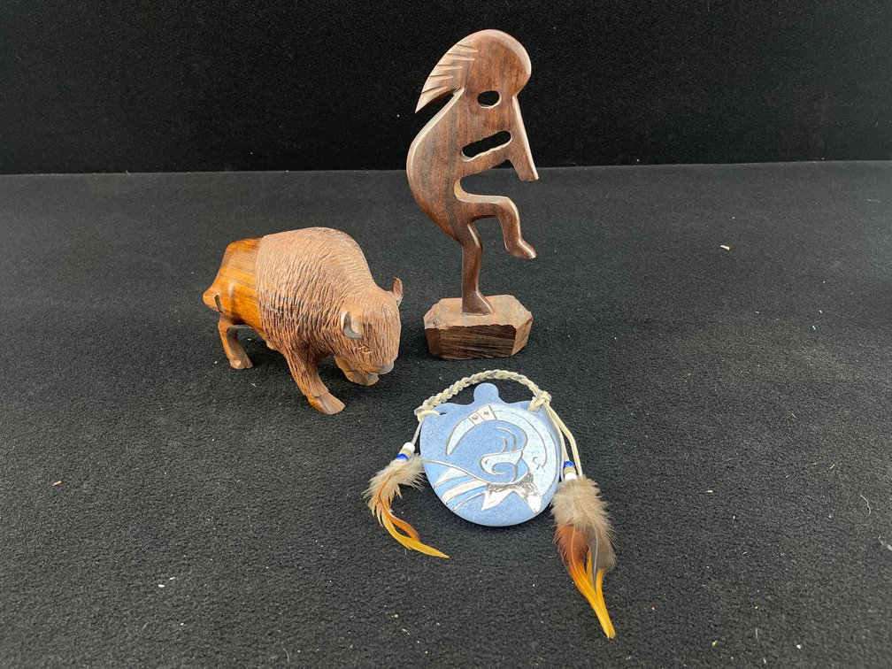 Wooden Native American Statues and Ceramic Canteen