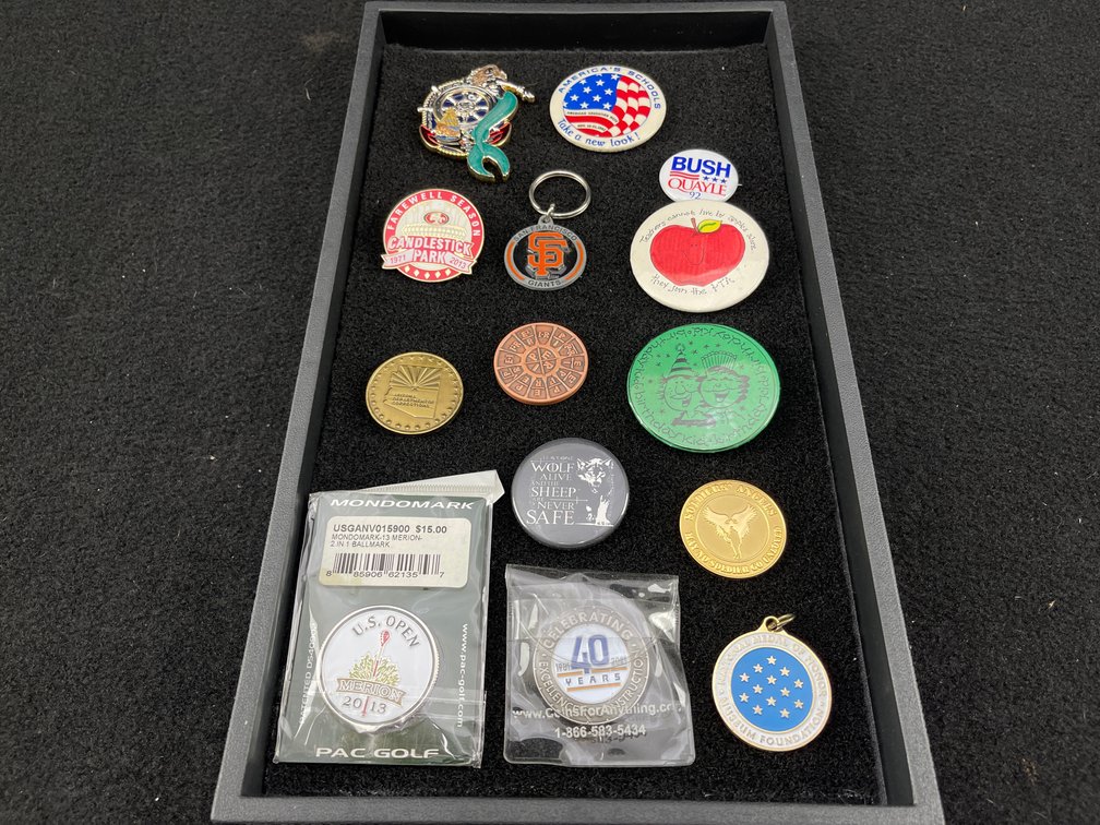 Collection of Pins and Commemorative Coins