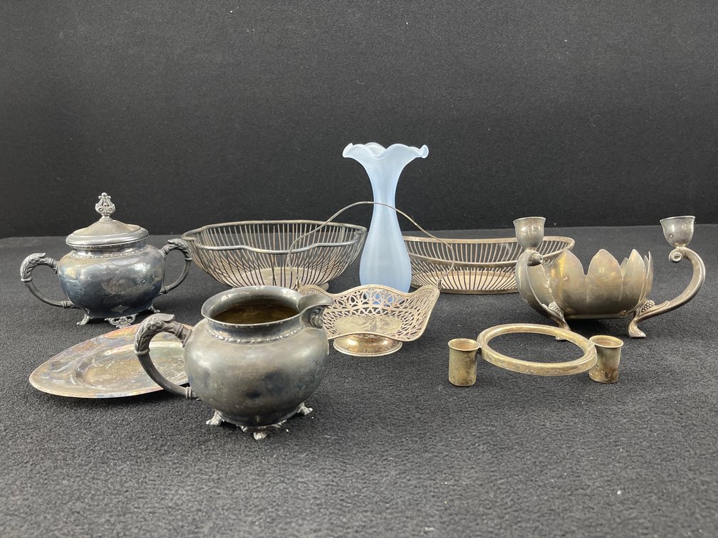 Antique Silver Toned Kitchen and Candle Set and Frosted Vase