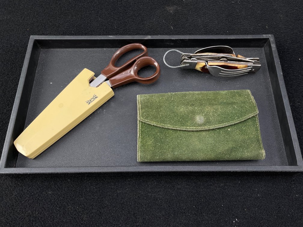 Camping Utensils, Green Leather Wallet, and Scissors