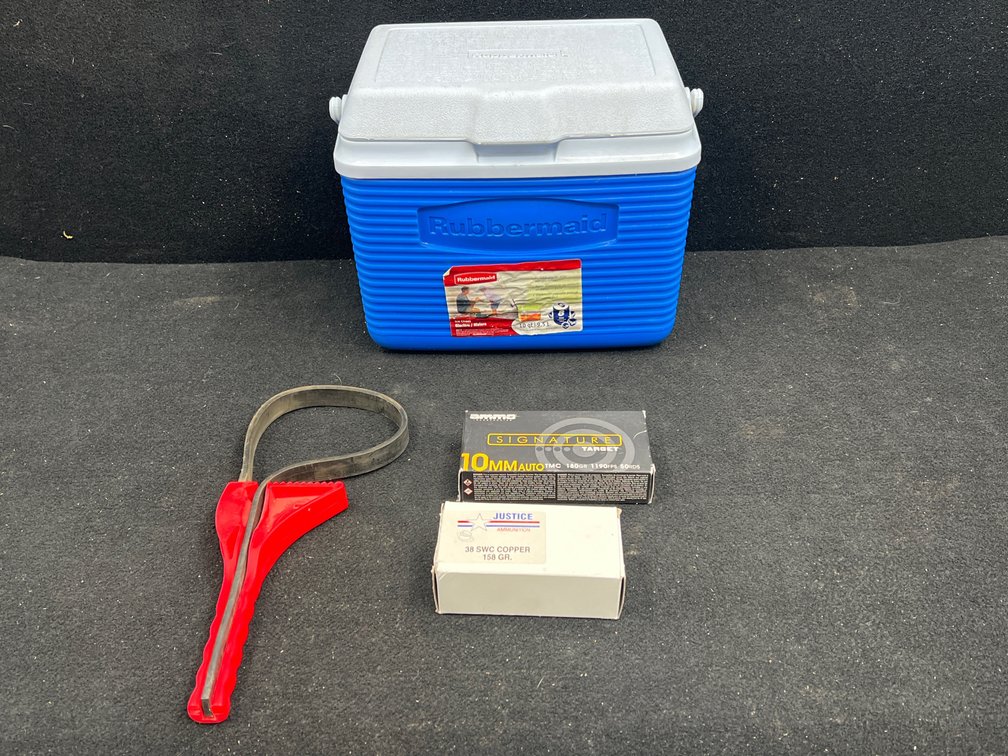 Cooler, Oil Wrench, 2 Boxes of Ammo