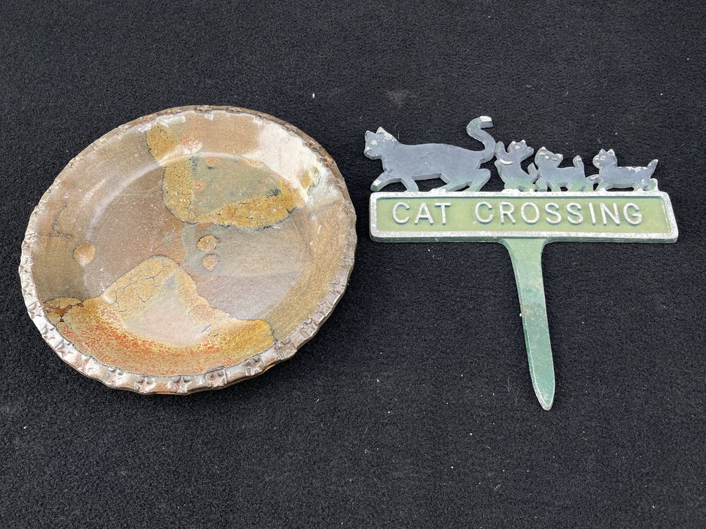 Cat Crossing Sign and Ceramic Plate