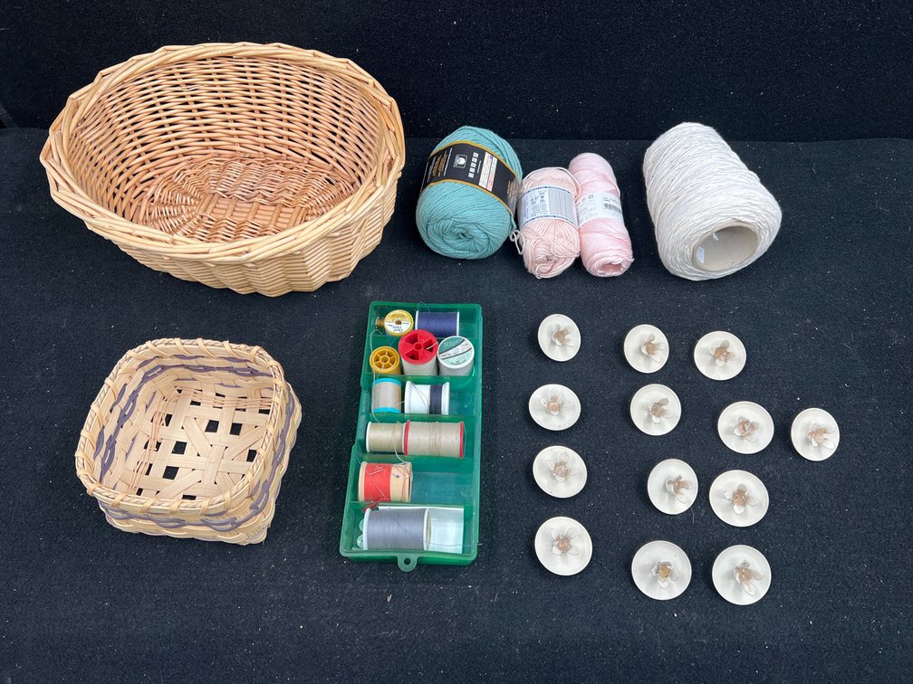 2 Baskets, Thread, Yarn, & Metal Candle Holders