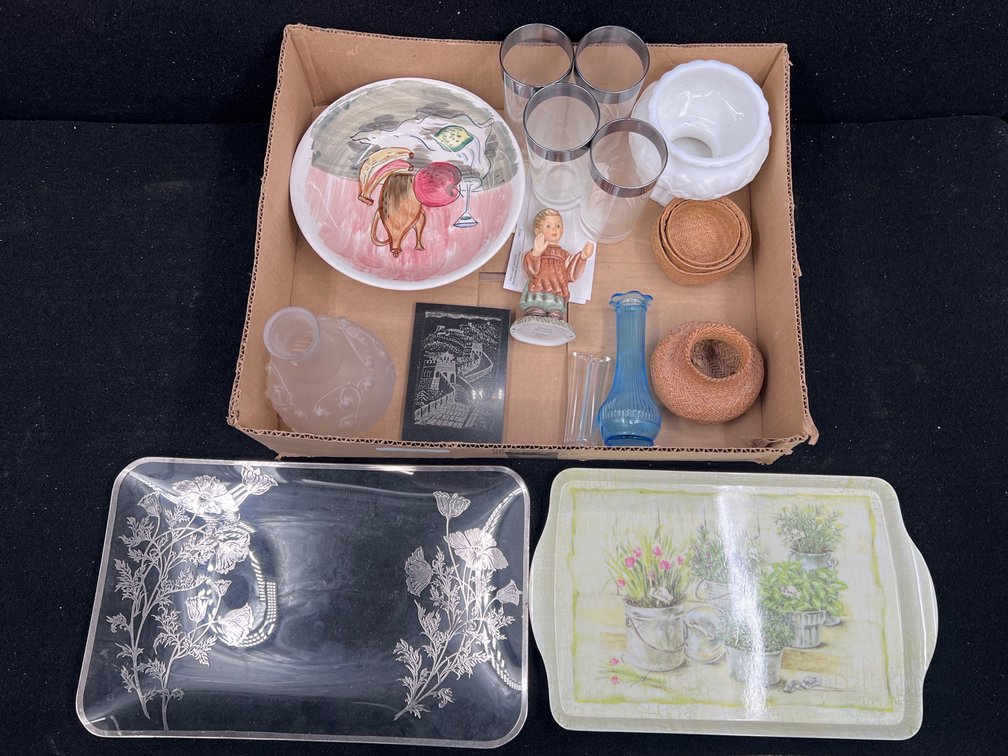 Glassware, 2 Trays, & Figurine