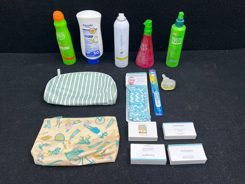 Hair Spray, Soaps, 2 Small Bags, Hairbands & Tooth Brush