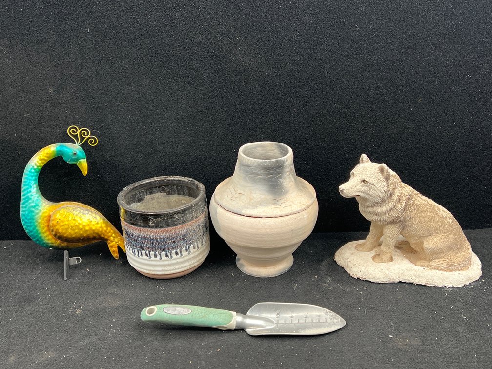 2 Pots, Wolf Figurine, Trowel, Metal Peacock