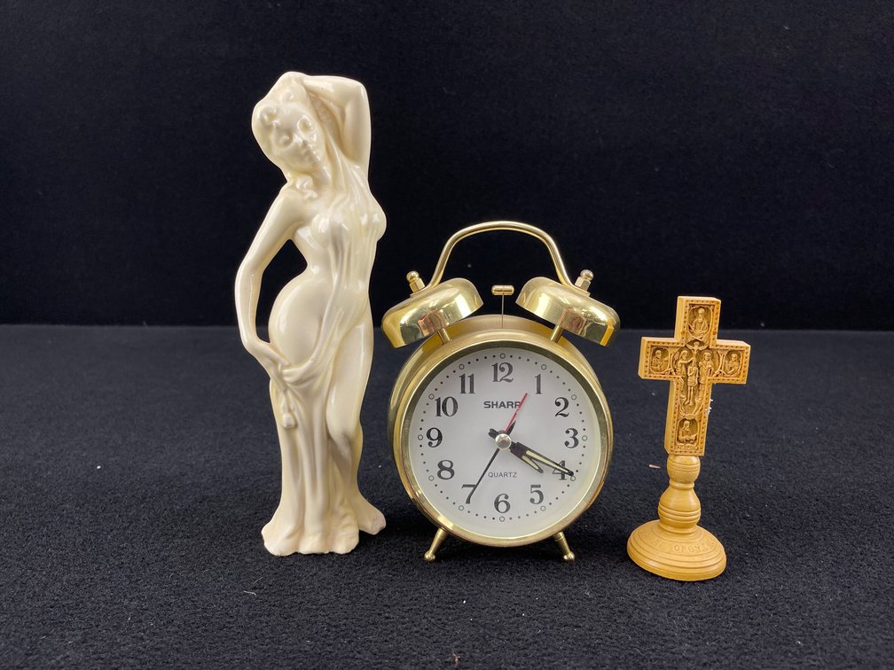 Art Deco Style Female Figurine, Alarm Clock, and Blessing Cross