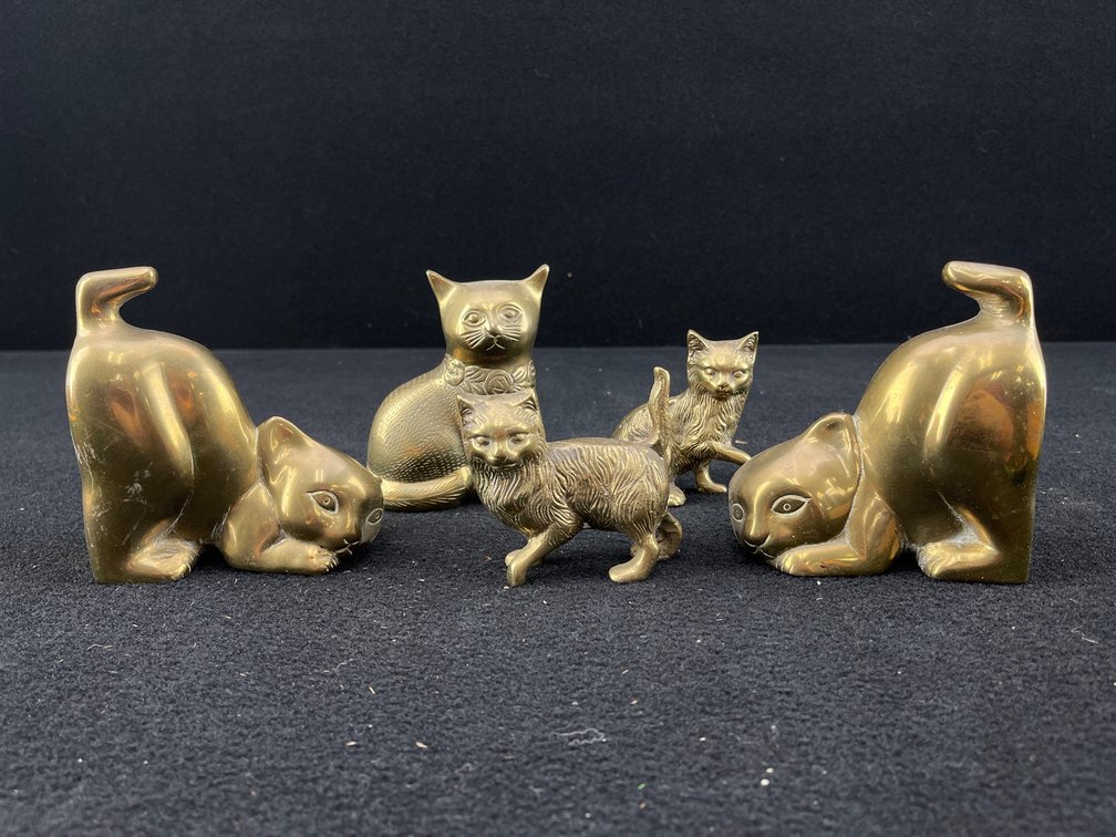 Vintage Brass Cat Bookends and Figurines