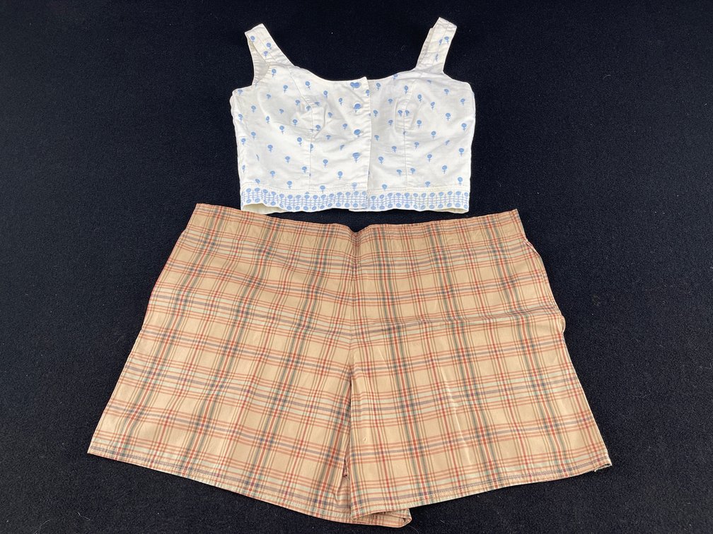 Blue and White Floral Bodice and Brown Plaid Shorts