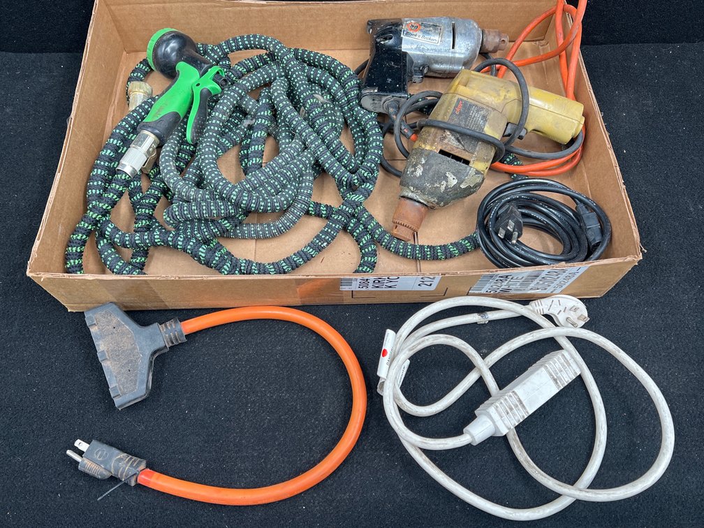 Hose, Extension Cords, PC Cord, & 2 Drills