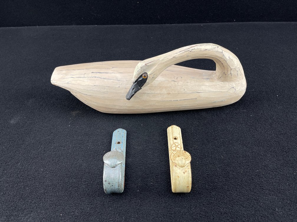 Wooden Swan Figurine and Metal Shell Wall Hangings