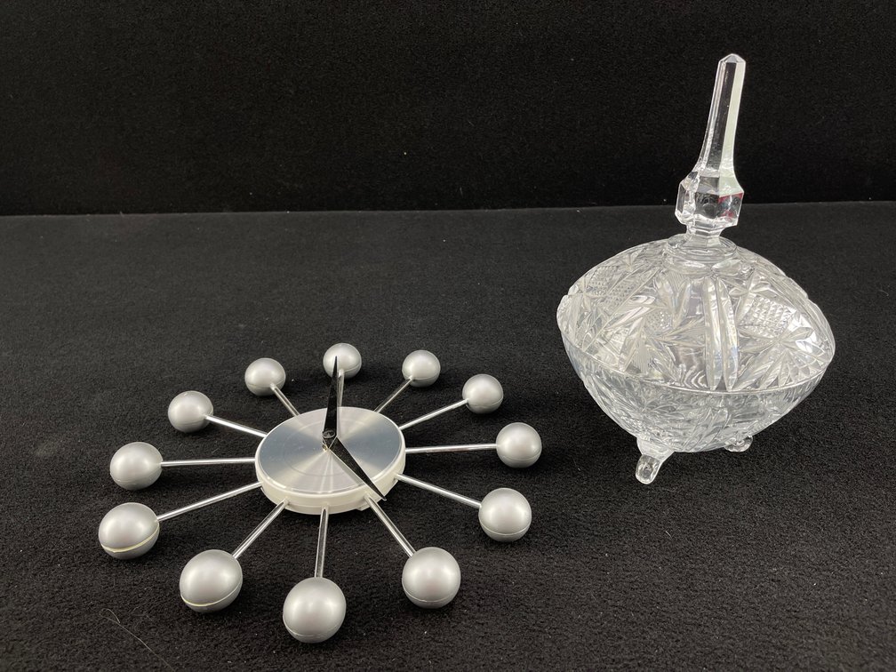 Mid Century Style Orb Clock and Cut Crystal Candy Dish