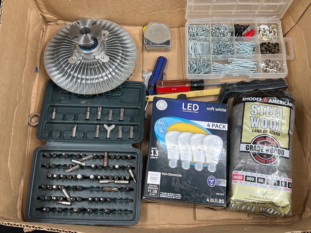 Light Bulbs, Steel Wool, Bits Set, Tools, & a Fan Clutch Part