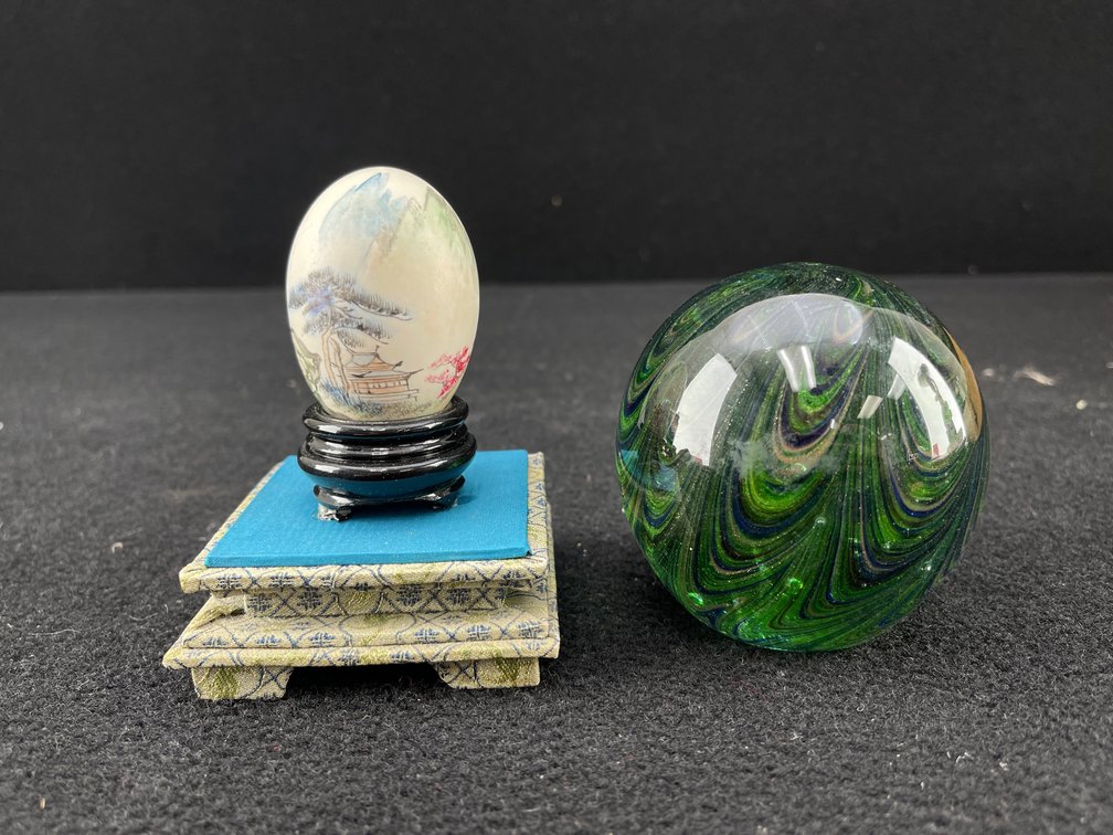Peacock Glass Orb and Hand Painted Egg Display