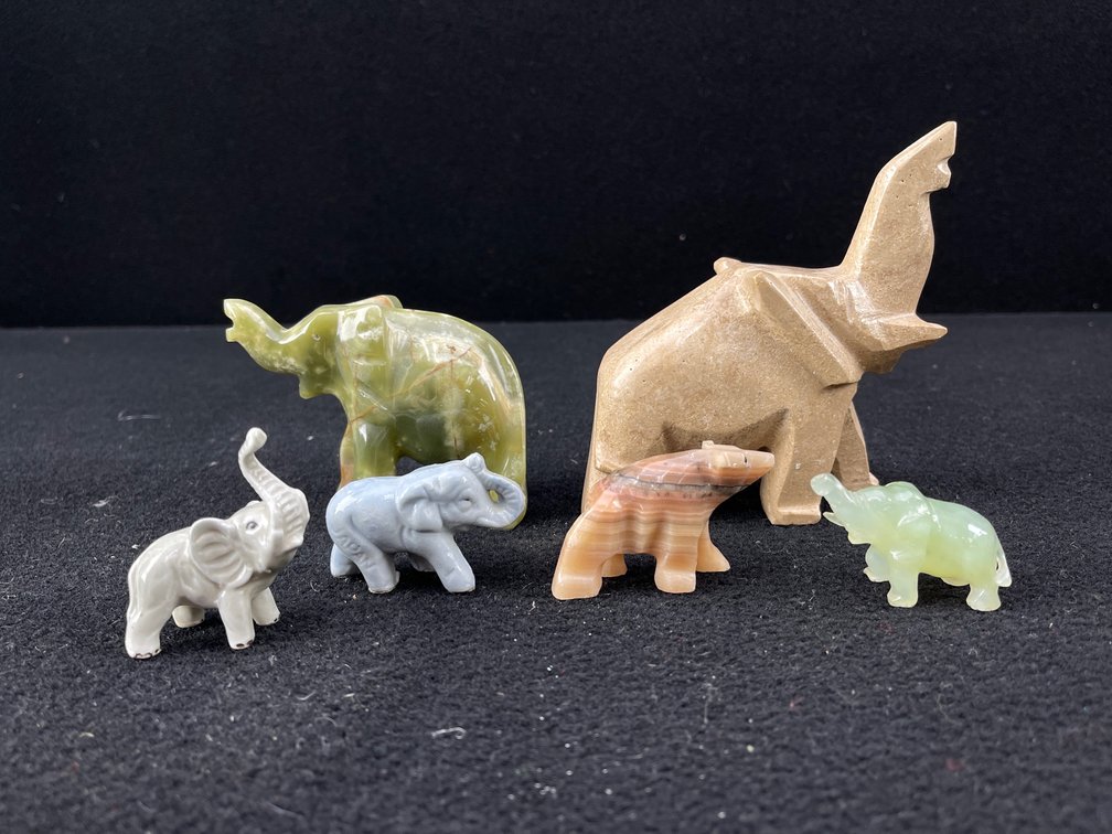 Polished Stone and Ceramic Elephant Figurines