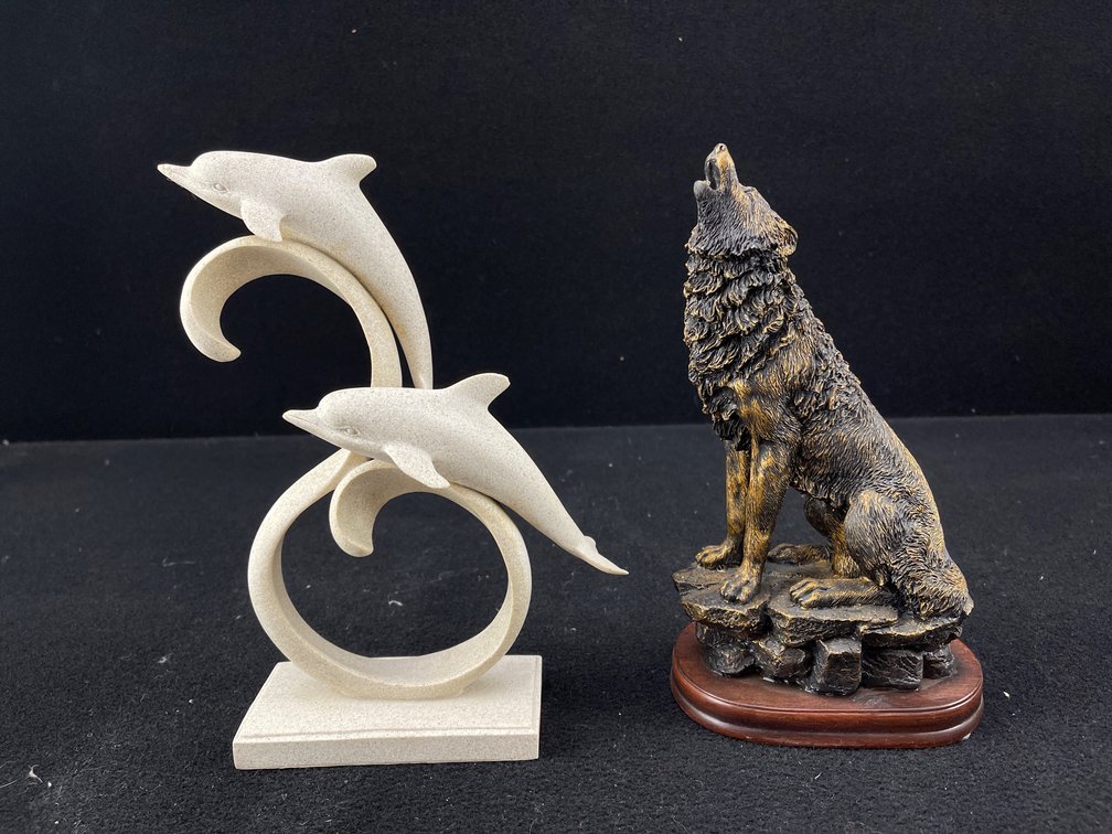 Resin Wolf Figurine and Double Dolphin Sculpture