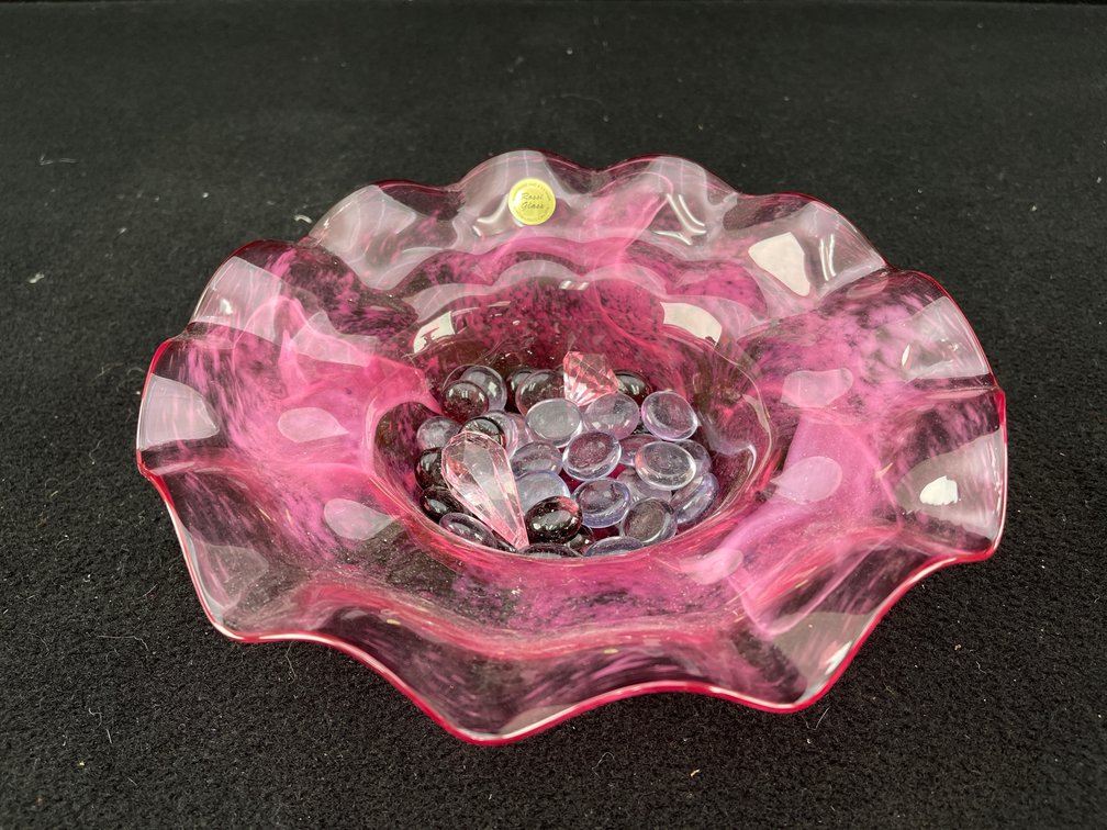 Mid Century Modern Pink Glass Ruffle Bowl