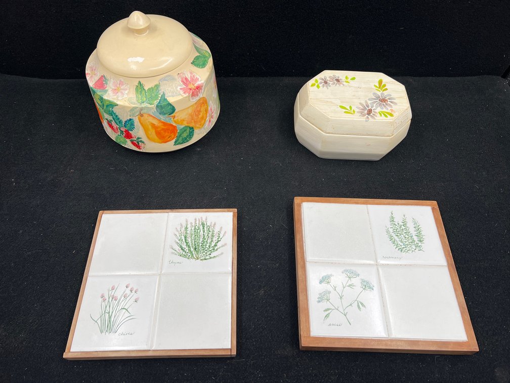 2 Ceramic Jars, 2 Tile Trivets, & Roll Oriential Wallpaper Art