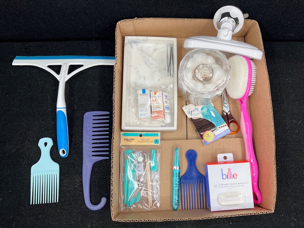 Bathroom Brushes, Jar,  Mirror, Hair Brushes, Blades, Hair Ties, Scissors