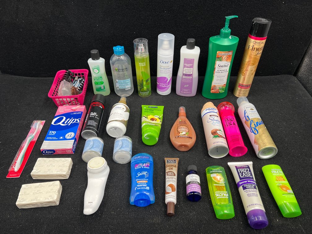 Hair Care Products, Cleansing Pads, Q-Tips, Toothbrush, Hair Clips