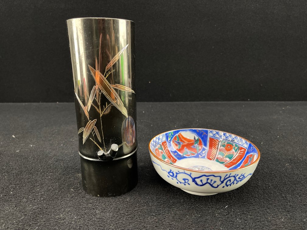 Metal Bamboo Style Vase and Japanese Porcelain Bowl