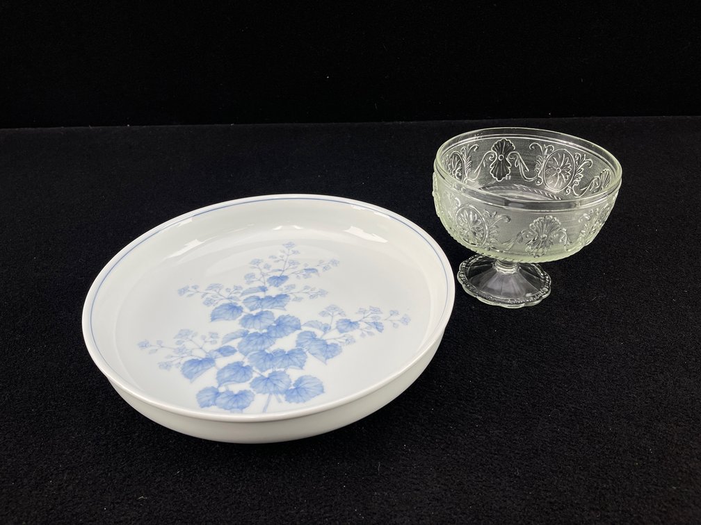 Mikasa Fine China Blue Flower Bowl and Indiana Glass Pedestal Dish