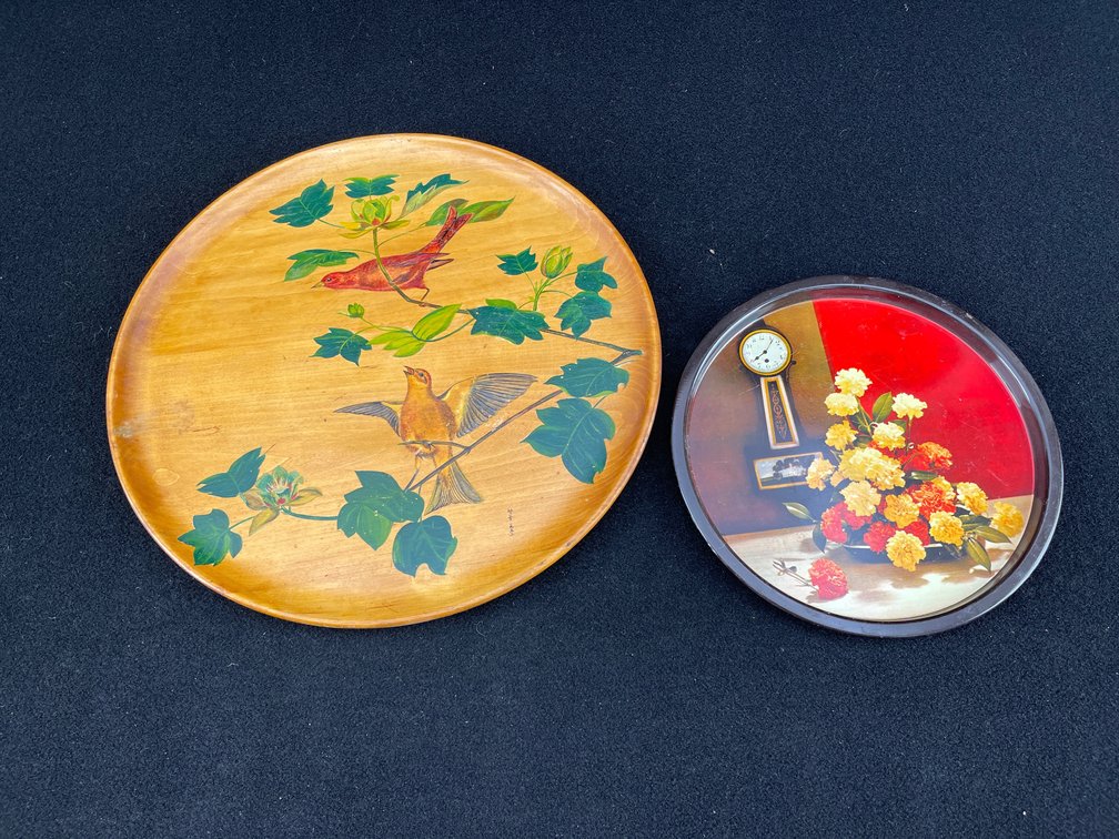 Wood and Metal Floral Serving Trays