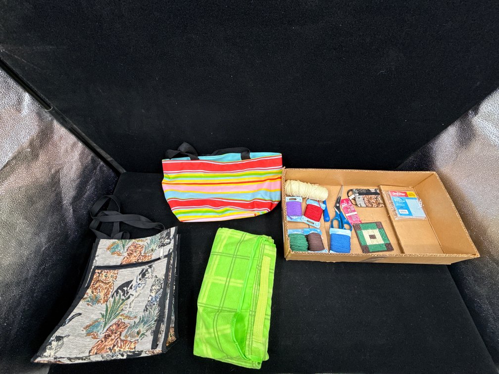 Yarn, 4 Plastic Canvas Squares, Needles, Scissors, 3 Bags