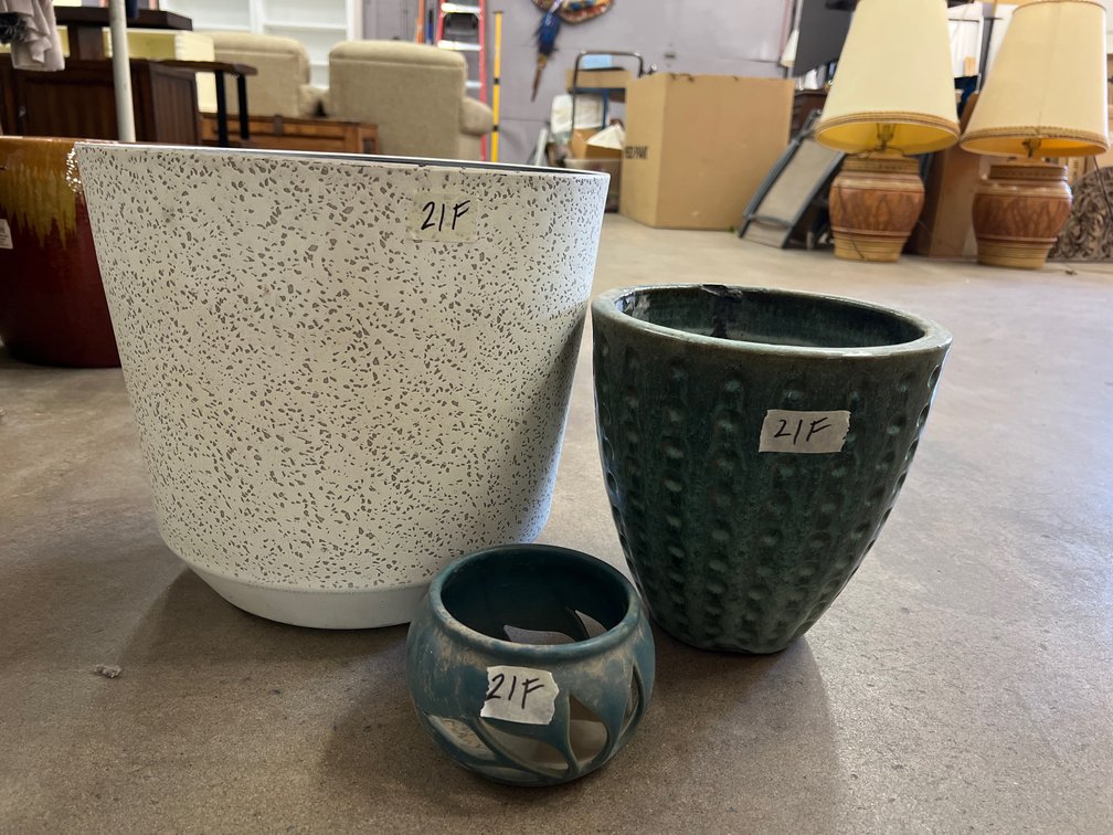2 Small Ceramic Planters & 1 Plastic Planter