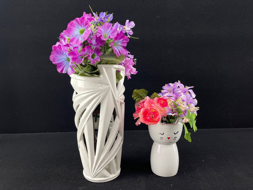 White Ceramic Vases with Faux Flower Bouquets