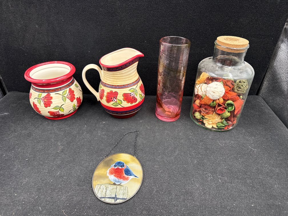 2 Vases, Pitcher, Jar, Bird Decoration