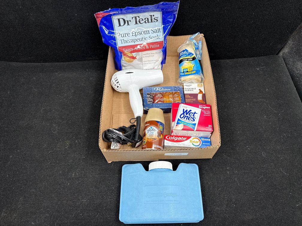 Epsom Salt, Hair Dryer, Tooth Paste, Fragrances, Bandages, Hand Sanitizers