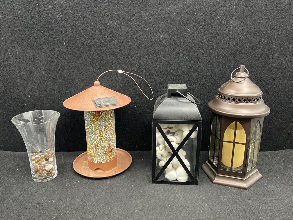 Vase, Bird feeder, 2 Lanterns, Candle, & Cotton
