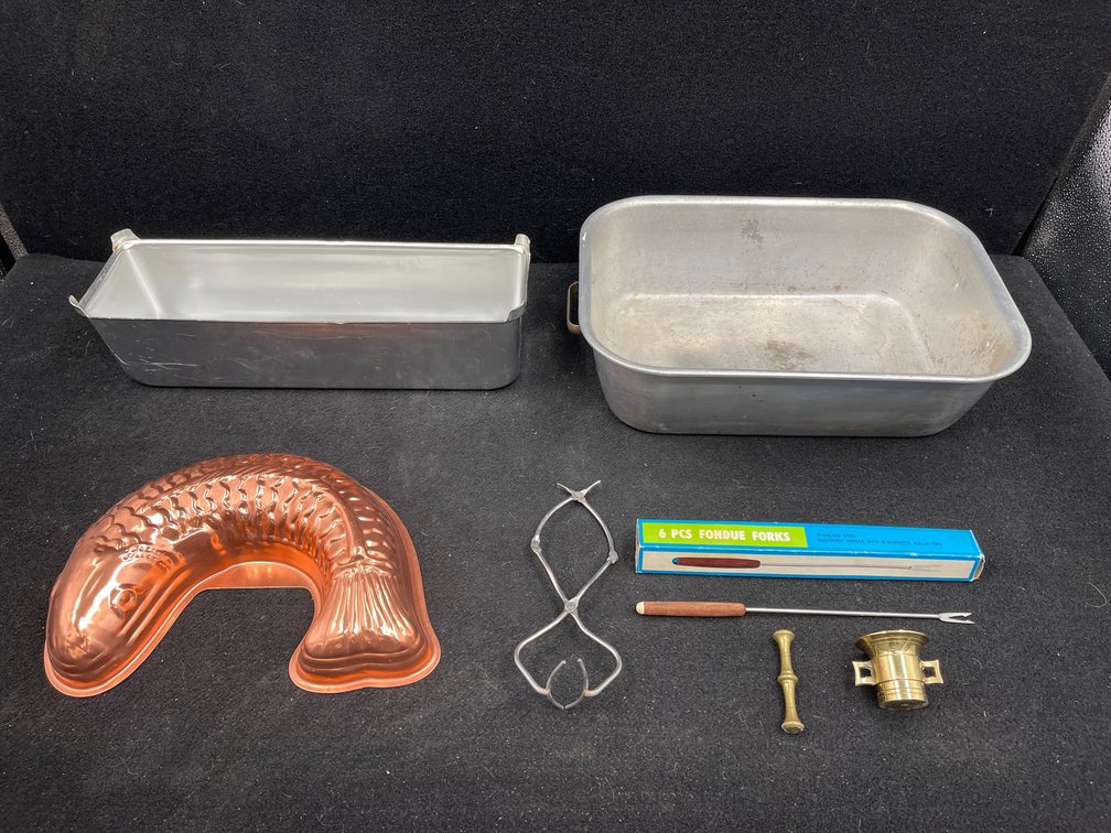 Fish Mold, Bread Pan, Oven Pan, Fondue Forks, Metal Pestal, & Mortar