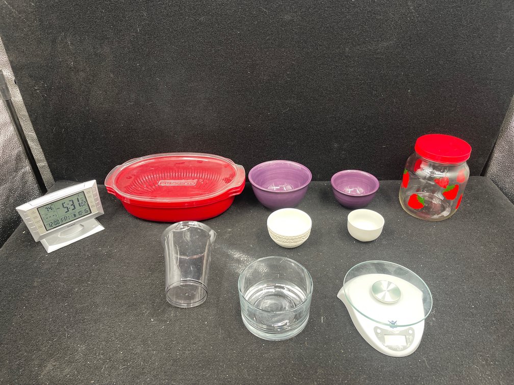 Kitchen Aid Pot, Bowls, Cup, Clock, Scale, Jar