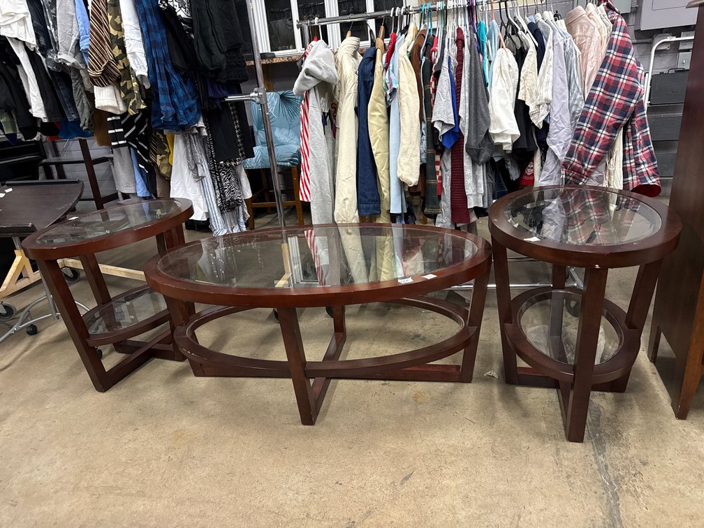 Wood/Glass Coffee Table & 2 End Tables