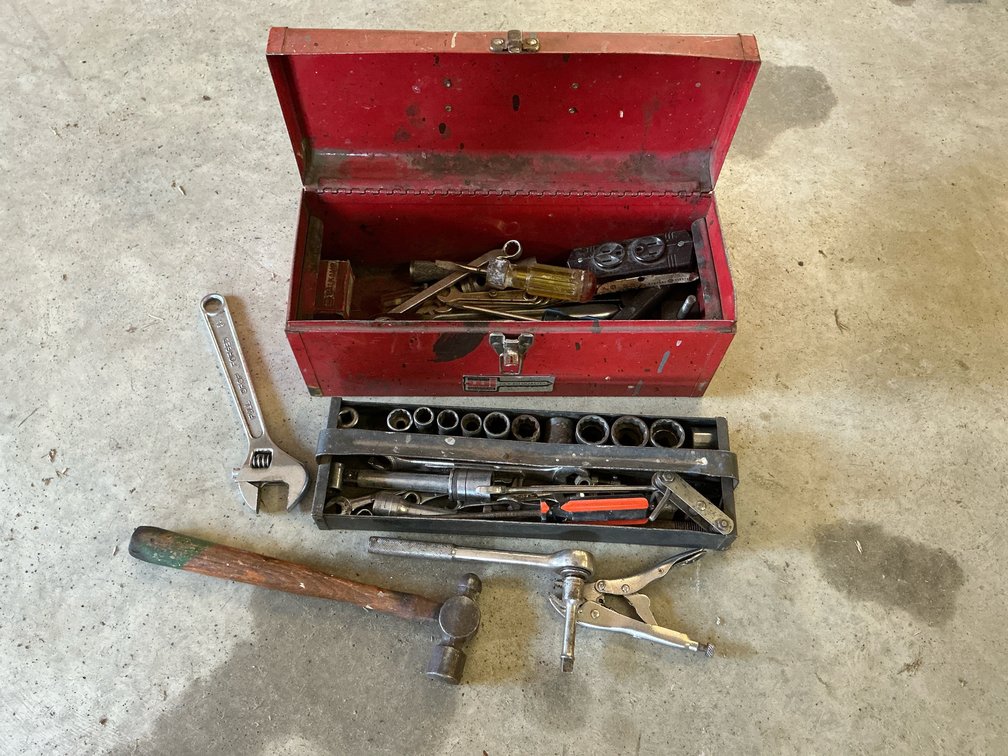 Tool box, screwdrivers, misc tools and sockets