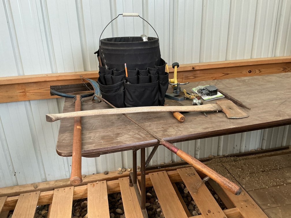 ax, bucket with tool holder, misc tools