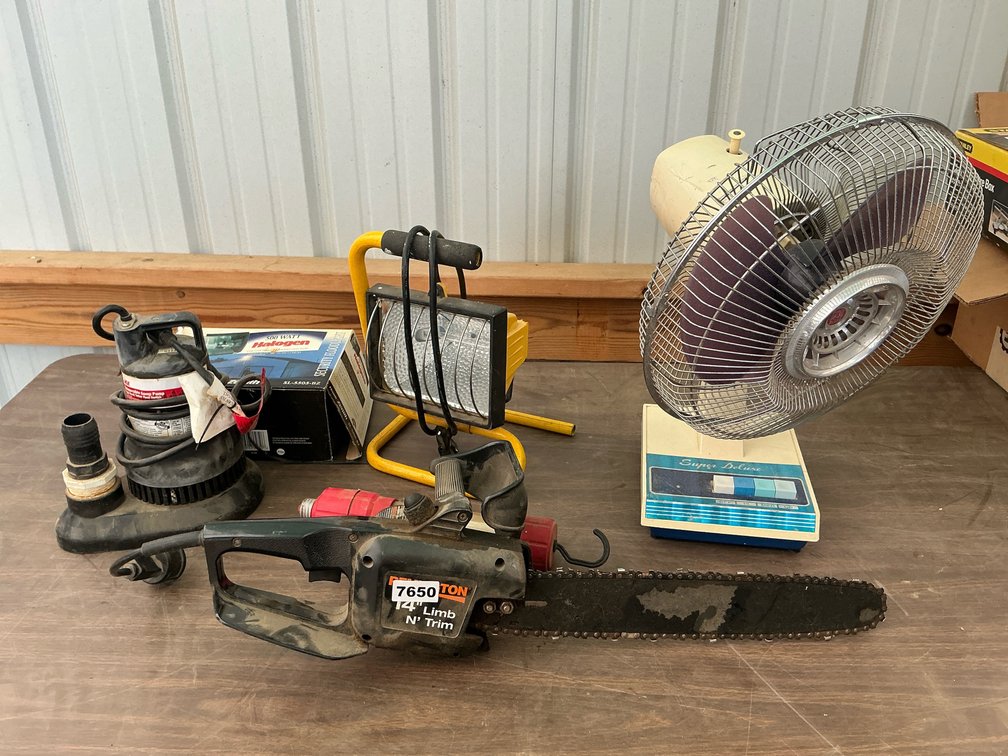 Trouble light, fan, hedger, sump pump plus more