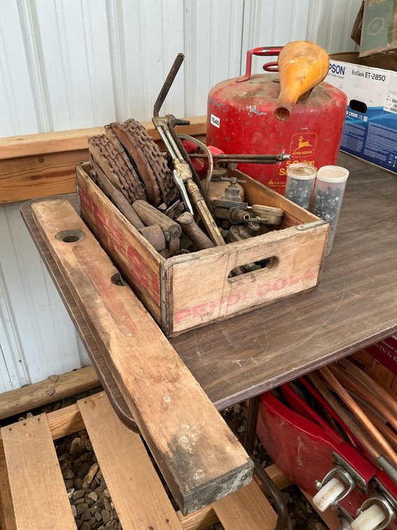 Torch parts, gas can, level