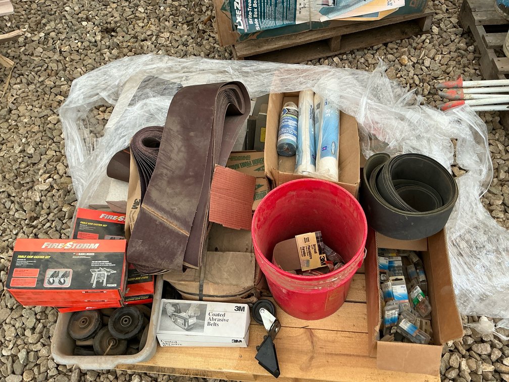 Sanding belts, cut tacks, caster sets, painters plastic, lg rollers,  1” panel board nails wht