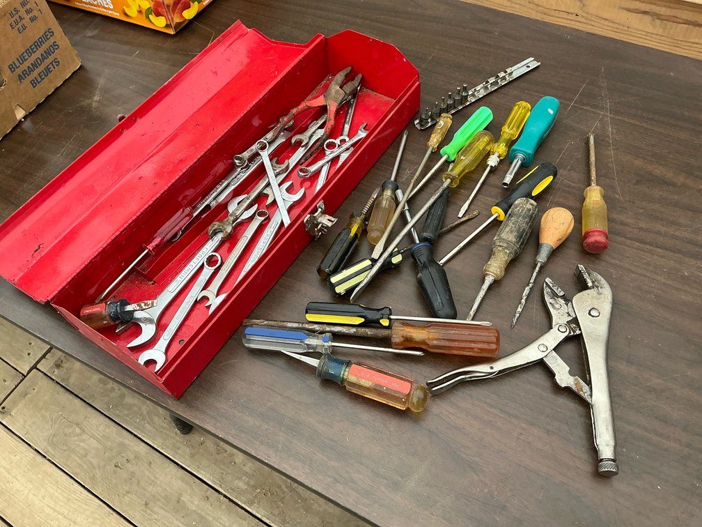 Screwdrivers, various wrenches, tool box plus more