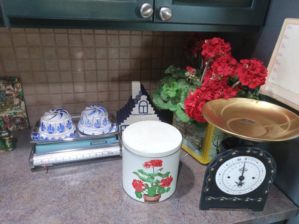 Vintage Kitchen Scales, Blue & White Ceramic Cookie Jar & Decorative Collectibles Lot