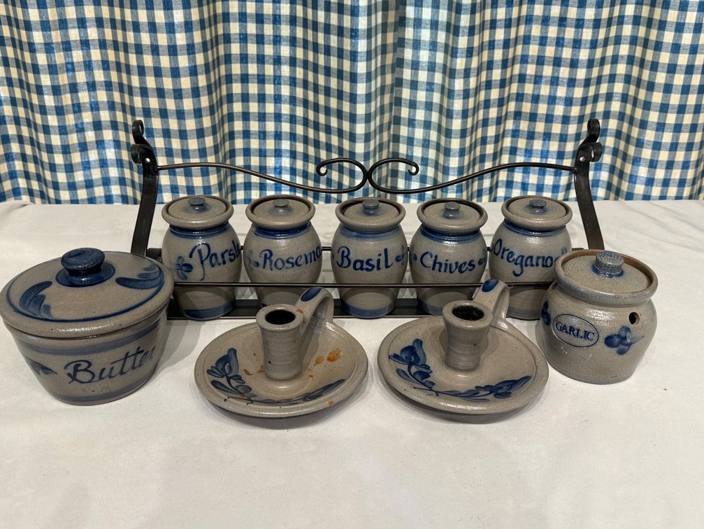 Rowe Pottery Stoneware Collection – Spice Jars with Wrought Iron Rack, Butter Crock, Garlic Keeper & Candlestick Holders