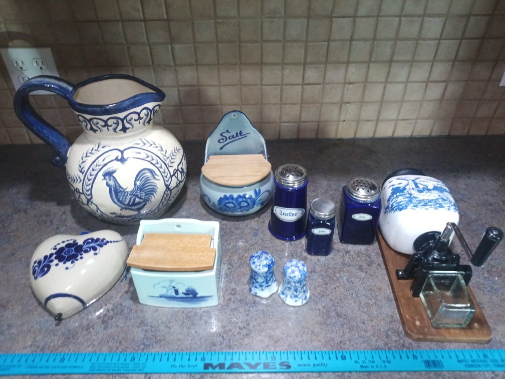 Vintage Blue & White Delft-Style Pottery Collection with Coffee Grinder